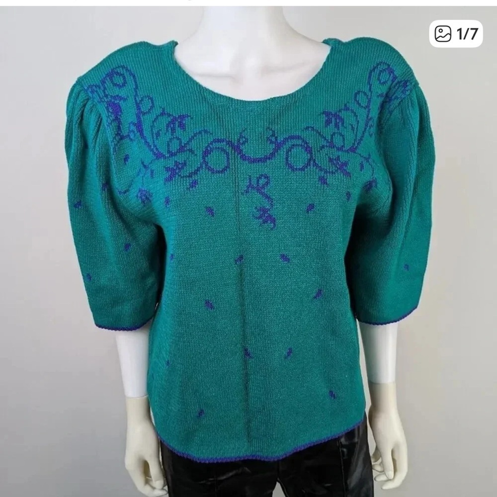 Teal 80’s Vintage Embroidered Women's Sweater